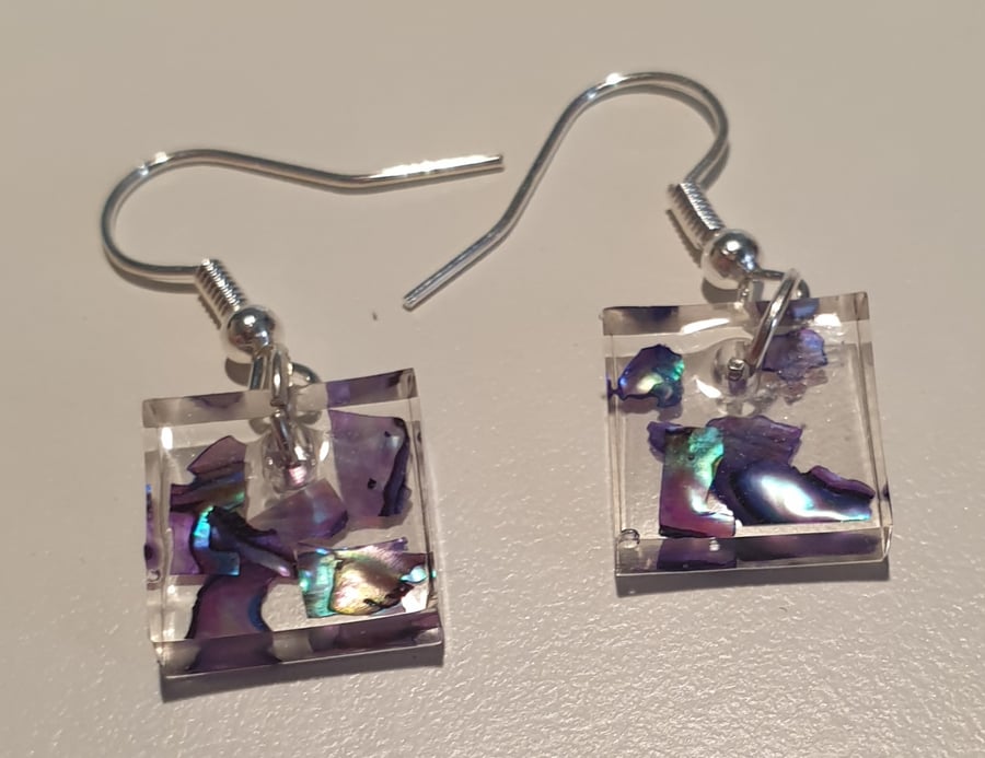 Square blue mother of pearl resin earrings