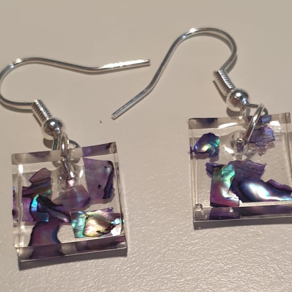 Square blue mother of pearl resin earrings