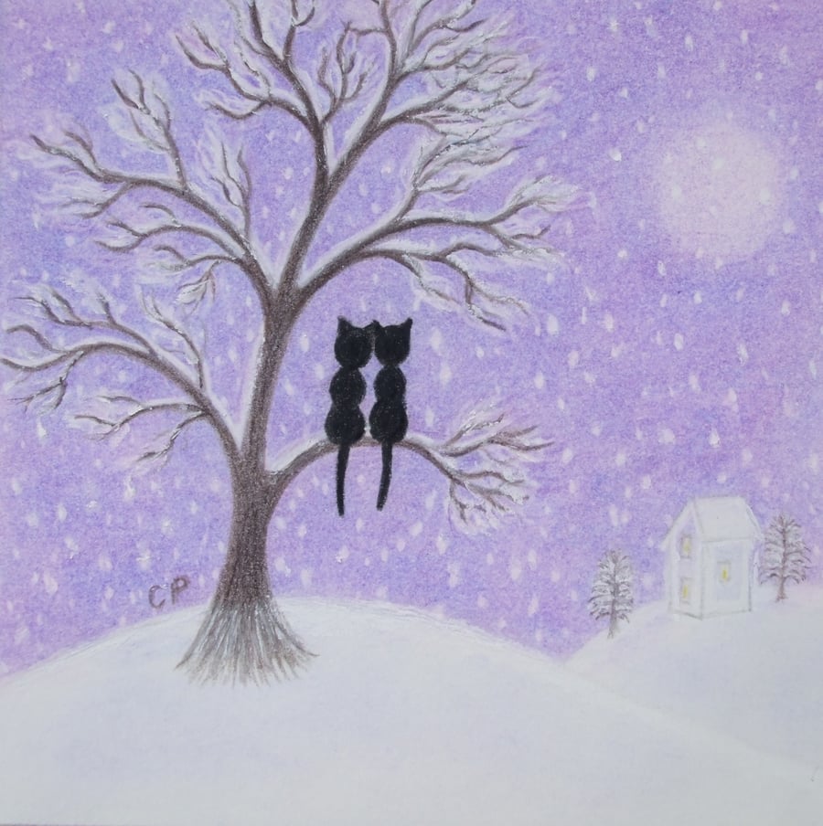 Christmas Cat Card, Snow Black Cats Tree Moon Card, Love Romantic Purple Card