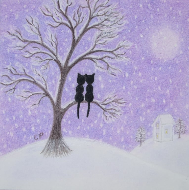 Christmas Cat Card, Snow Black Cats Tree Moon Card, Love Romantic Purple Card