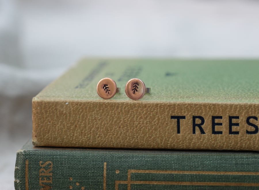 Copper Tree Handstamped Stud Earrings, Christmas Tree Earrings