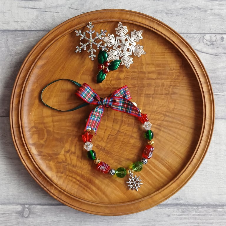 Beaded Ring Christmas Decoration with Tartan Bow and Snowflake Charm