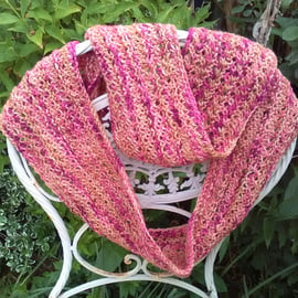 Handknit 100% hand dyed WOOL textured long circular cowl Peach Melba