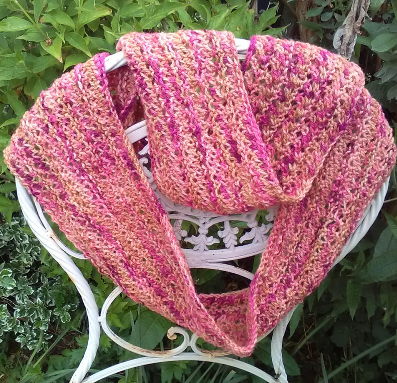 Handknit 100% hand dyed WOOL textured long circular cowl Peach Melba