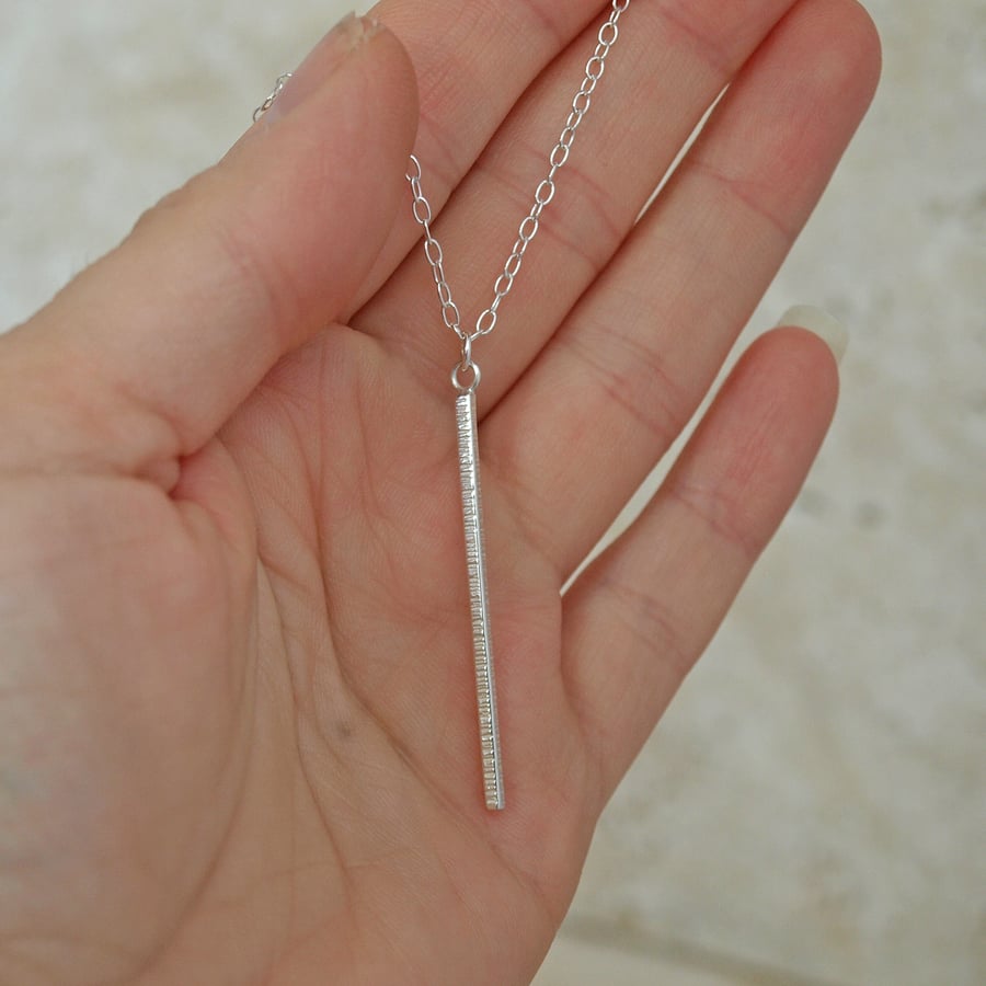Silver Bar Necklace, Vertical Bar Pendant, Line Textured Silver Necklaces
