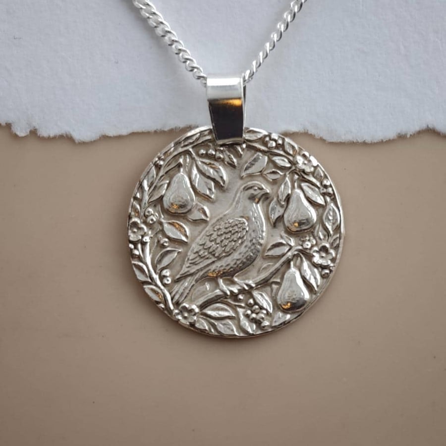 Partridge In A Pear Tree Coin Necklace Deep Engraved Recycled Sterling Silver Ch