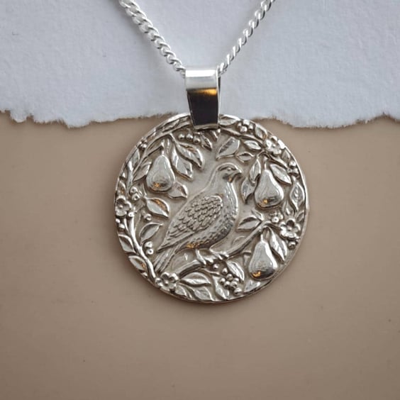 Partridge In A Pear Tree Coin Necklace Deep Engraved Recycled Sterling Silver Ch