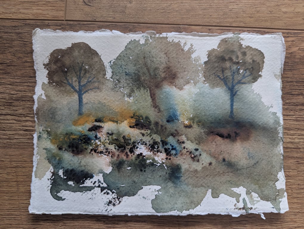 Abstract original watercolour painting trees Landscape  A5 