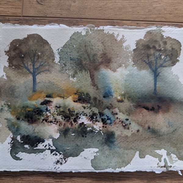 Abstract original watercolour painting trees Landscape  A5 