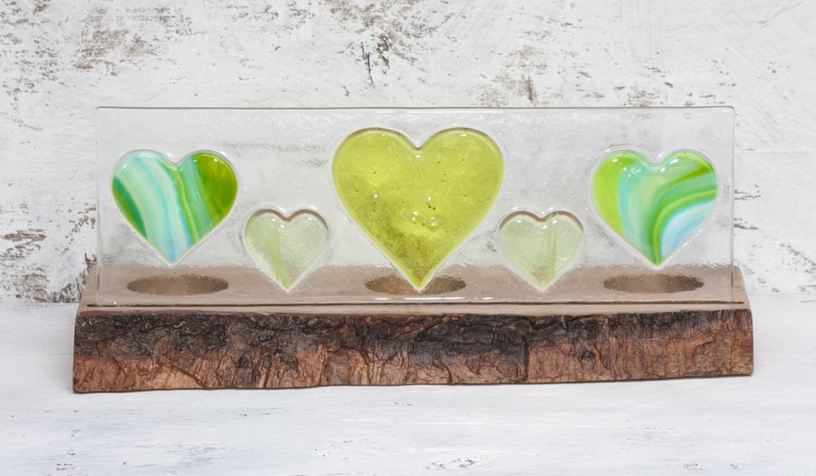 Green Hearts Fused Glass Panel set in Oak Tealight Holder