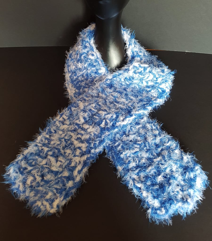 Blue and White Chunky Crochet Scarf
