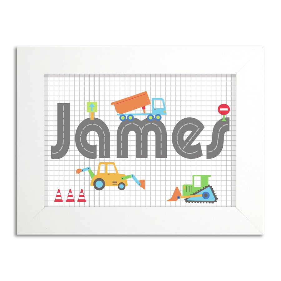 Boys Diggers Personalised Door Name Print.