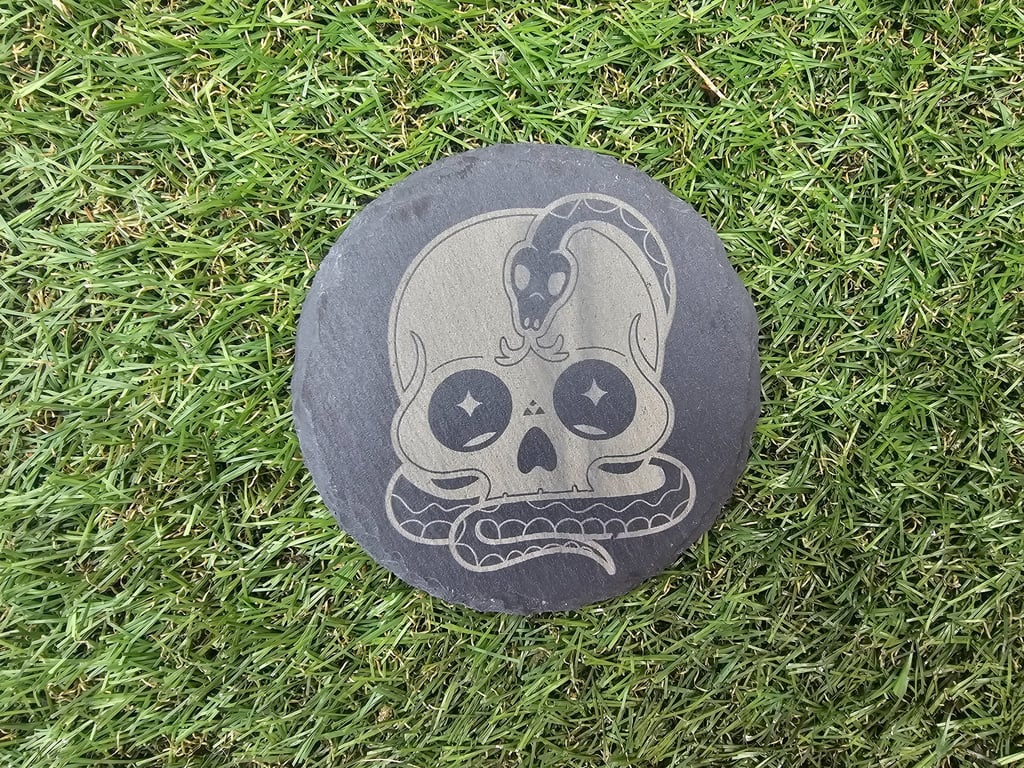 Skull and Snake Design Laser Engraved Black Slate Coaster