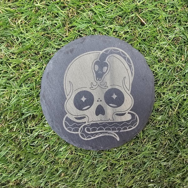 Skull and Snake Design Laser Engraved Black Slate Coaster