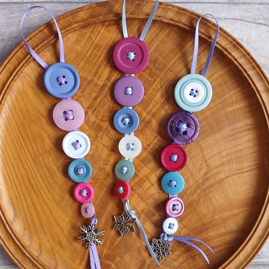 Trio of Frosty Button Dangle Tree Decorations, Christmas Decorations