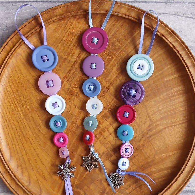 Trio of Frosty Button Dangle Tree Decorations, Christmas Decorations