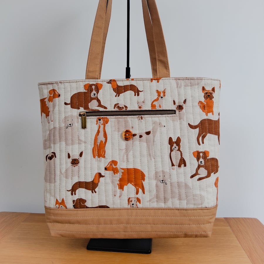 Dogs print quilted tote bag, handmade bag with zipped pockets