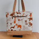 Dogs print quilted tote bag, handmade bag with zipped pockets