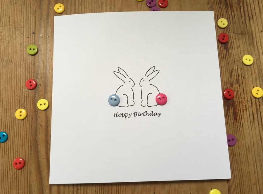 Hoppy Birthday - Birthday Card - Bunnies with button tails Birthday Card
