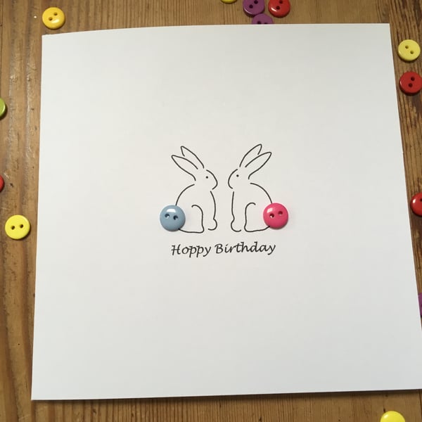 Hoppy Birthday - Birthday Card - Bunnies with button tails Birthday Card