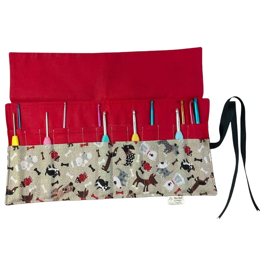 Crochet hook case with dog breeds fabric, Ergonomic hook organiser,
