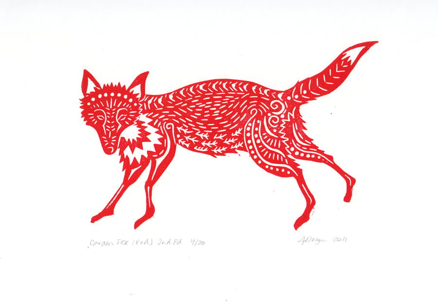 Original lino cut print "Garden Fox (red)"