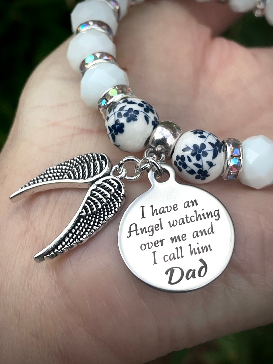 Dad Heaven Memorial Bracelet White Blue Beads