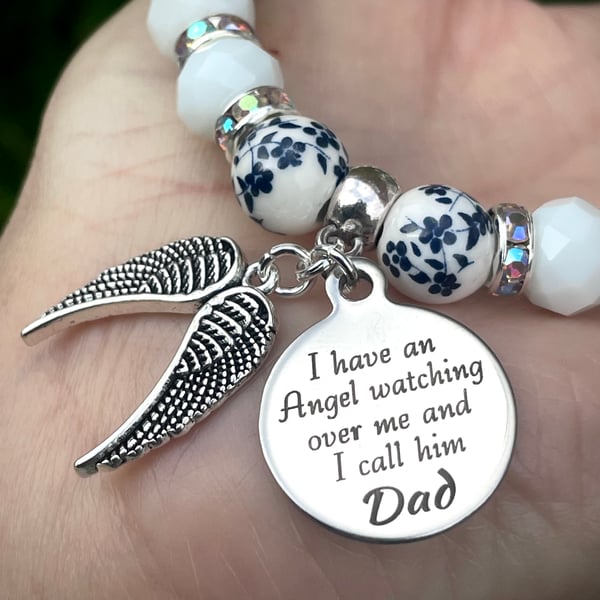 Dad Heaven Memorial Bracelet White Blue Beads