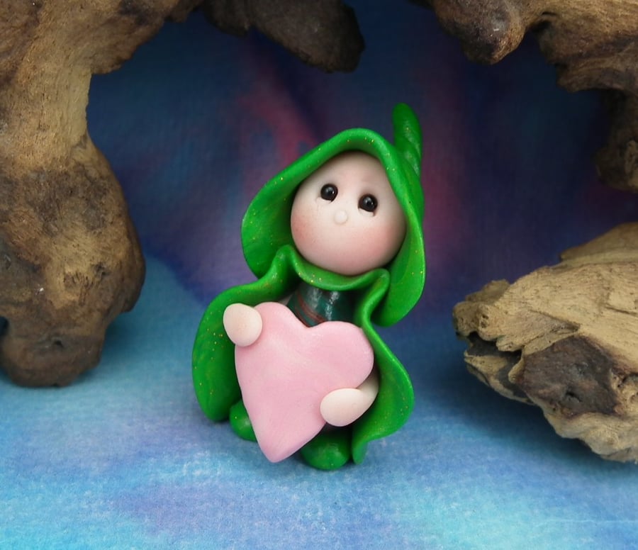Tiny Gnome Maiden 'Vye' with heart 1.5" OOAK Sculpt by Ann Galvin