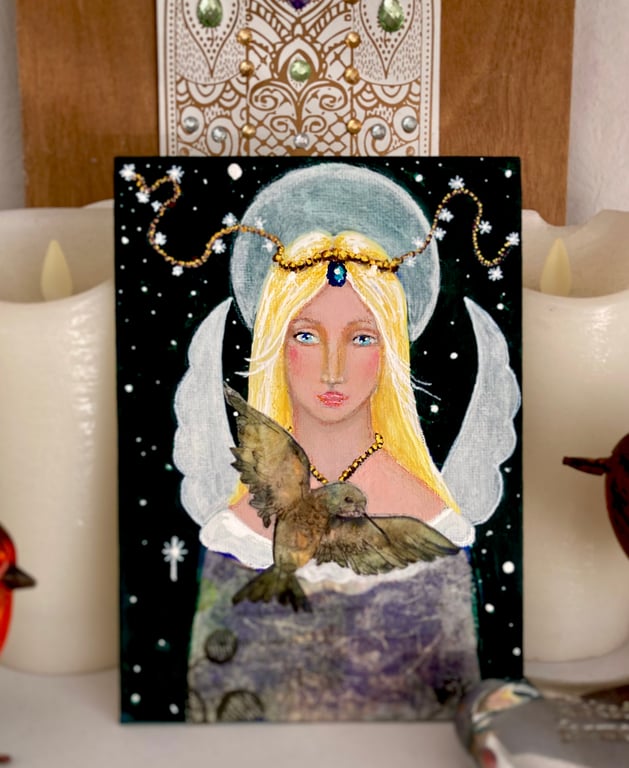 Angel & Hummingbird Painting On Canvas Board Original Spiritual Art