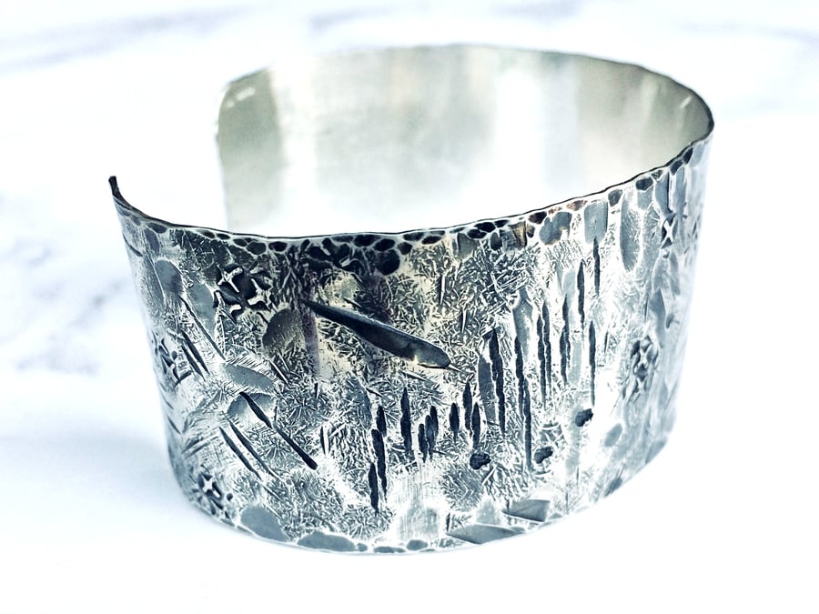 Statement jewellery - 'Beaten Track' - chunky bracelet - Silver cuff - textured 