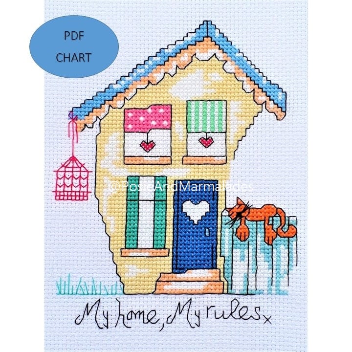 Cat and House  Cross Stitch Pattern: 'My Home My Rules' Quote (PDF Download)