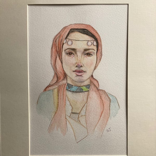 Watercolour of Bedouin woman. Figurative art. Female art. 