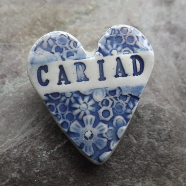 Handmade Ceramic Calon Cariad Heart brooch