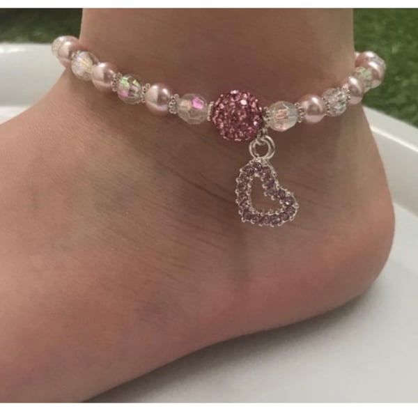 Rhinestone pink ab crystal beaded anklet stretch beaded 