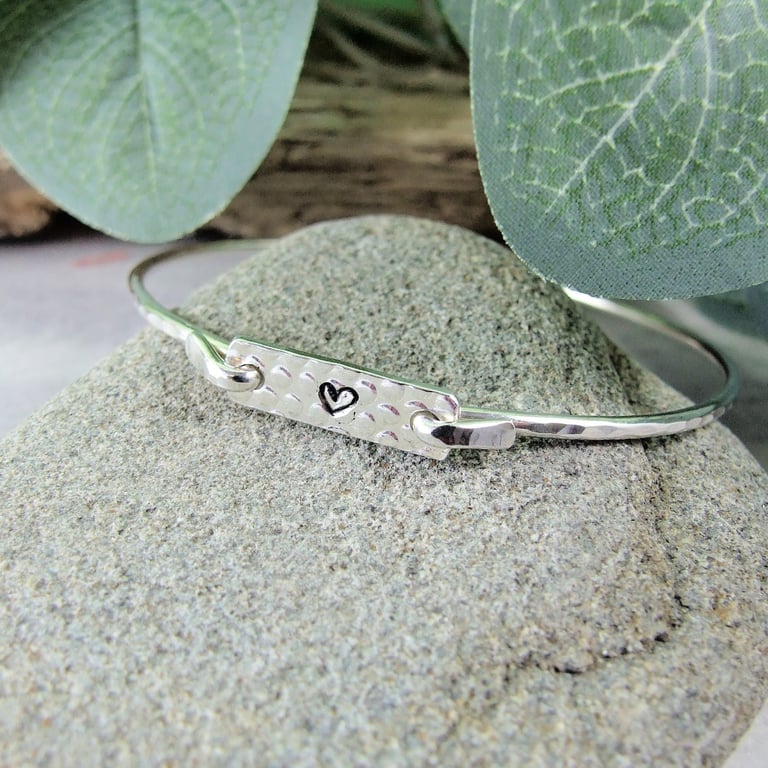 Sterling Silver Bangle with Heart Stamped on Bar 