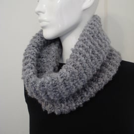 Hand Knitted In Poodle Yarn Grey Neck Warmer Cowl Great Gift (R393)