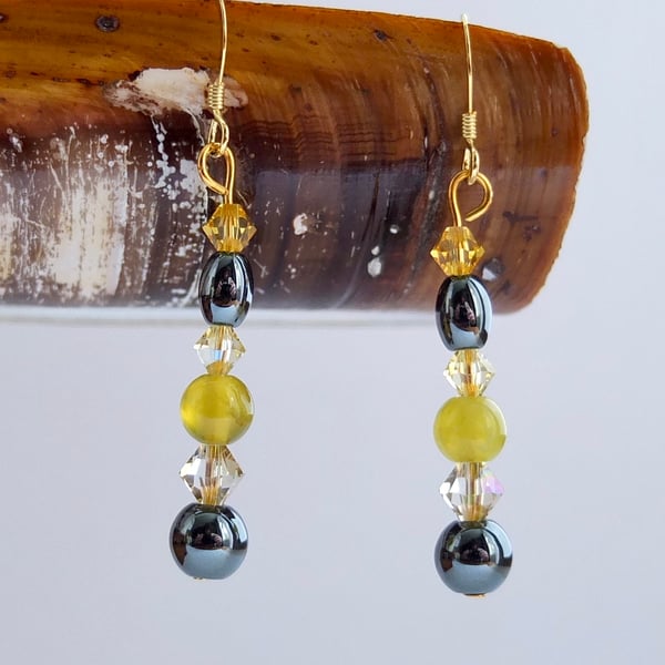 Sparkly Swarovski Crystals, Serpentine and Hematite Earrings - Seconds Sunday