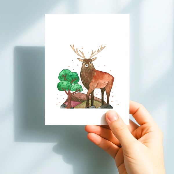 Red Deer, A6 giclée greetings card with recycled brown envelope