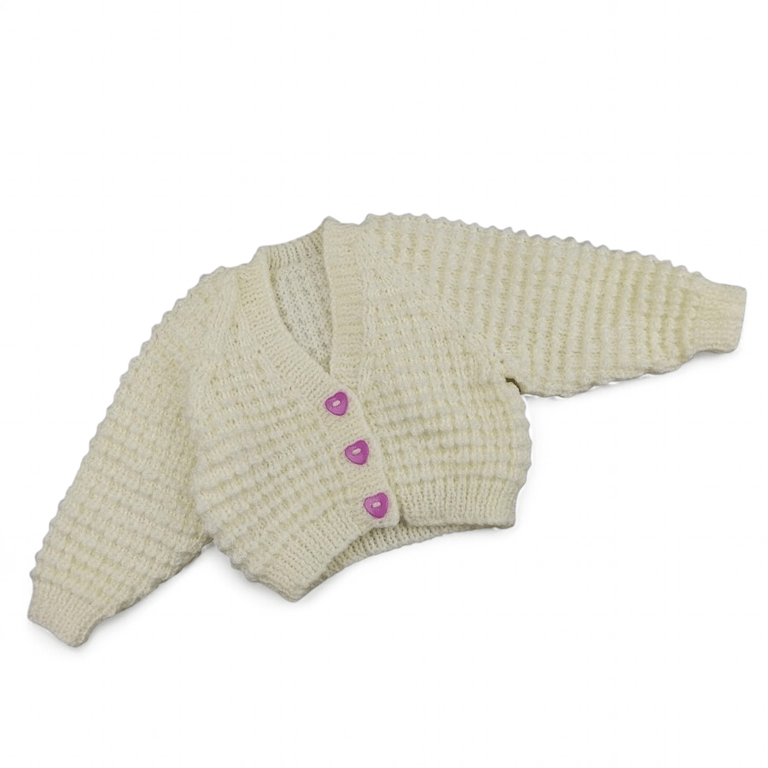 Hand Knitted Cream Baby Cardigan with Heart Buttons 0–3 Months