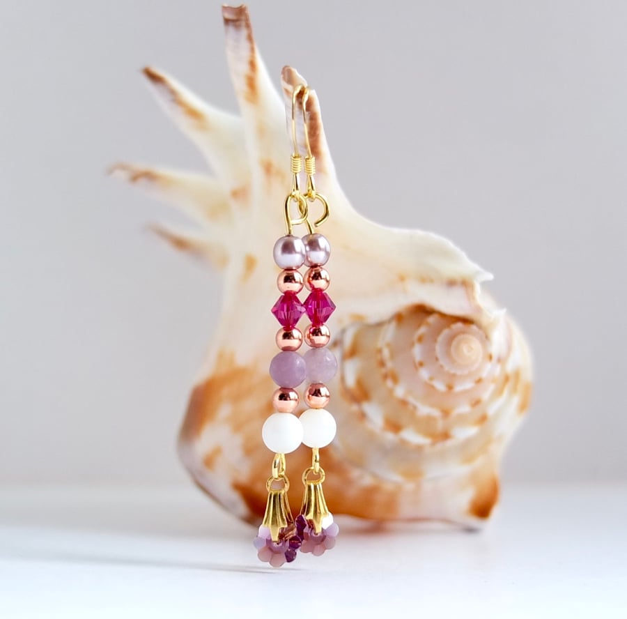 Swarovski Flower Crystal, Pearl, Shell and Lepidolite Bead Earrings.