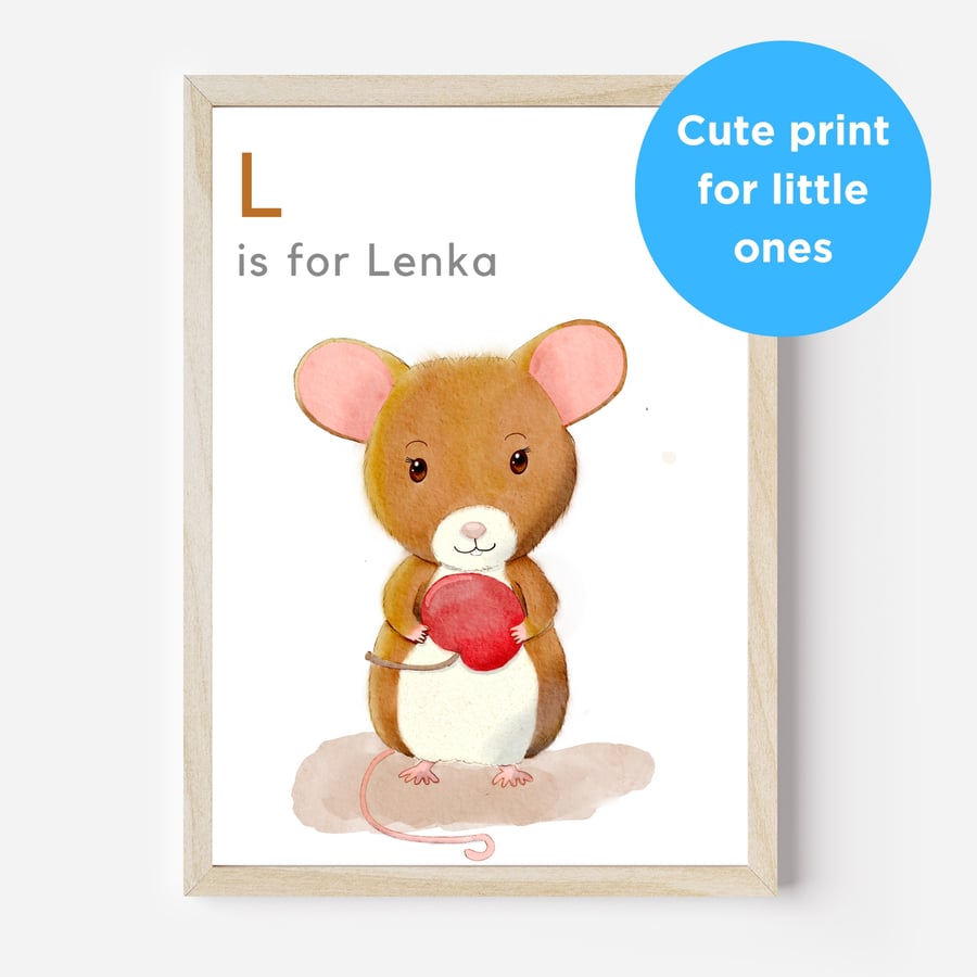 Mouse and cherry personalised baby child name print for nursery bedroom playroom