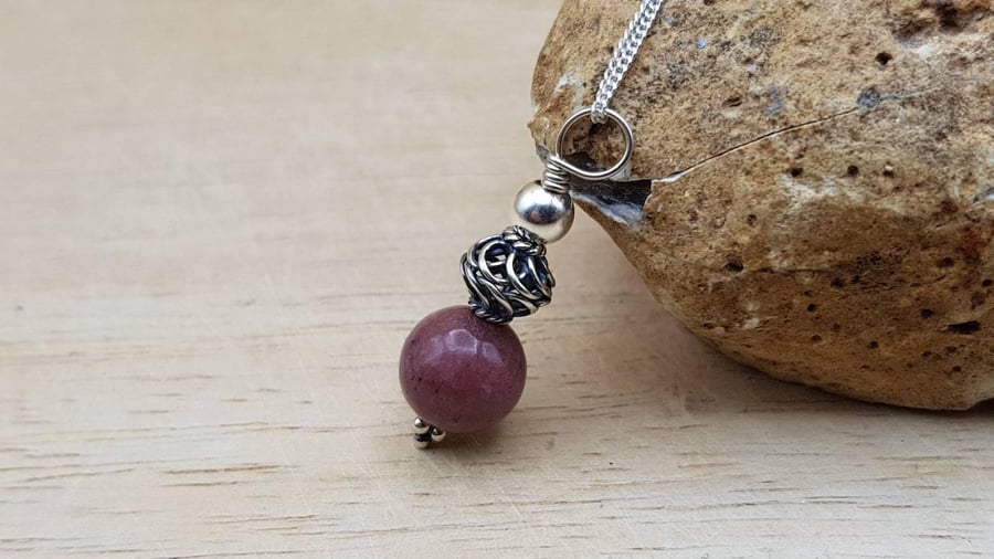 Minimalist sphere Rhodonite pendant necklace. Taurus jewellery