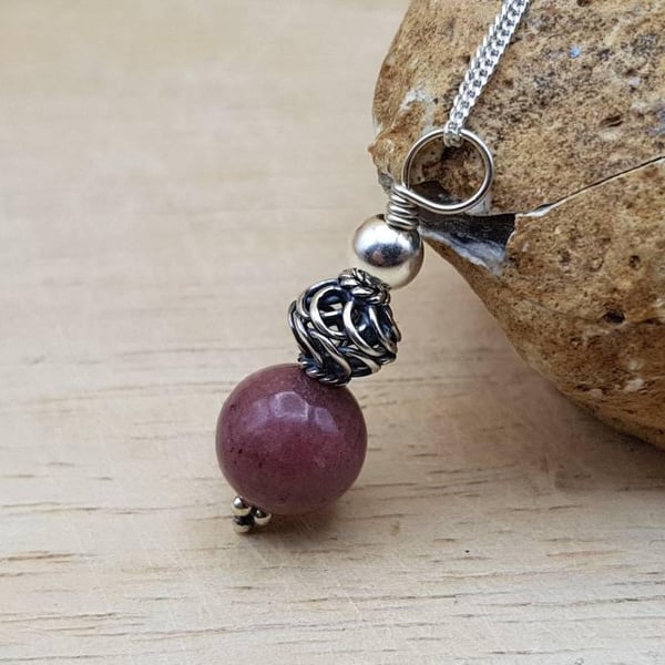 Minimalist sphere Rhodonite pendant necklace. Taurus jewellery