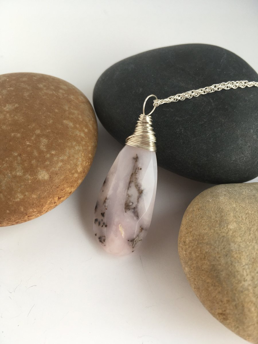 Pink opal drop pendant necklace - made in Scotland. 