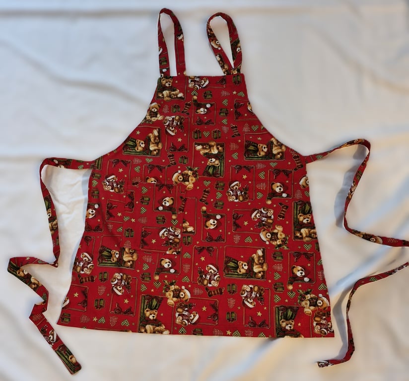 Cute Red Christmas teddy apron with matching pocket.