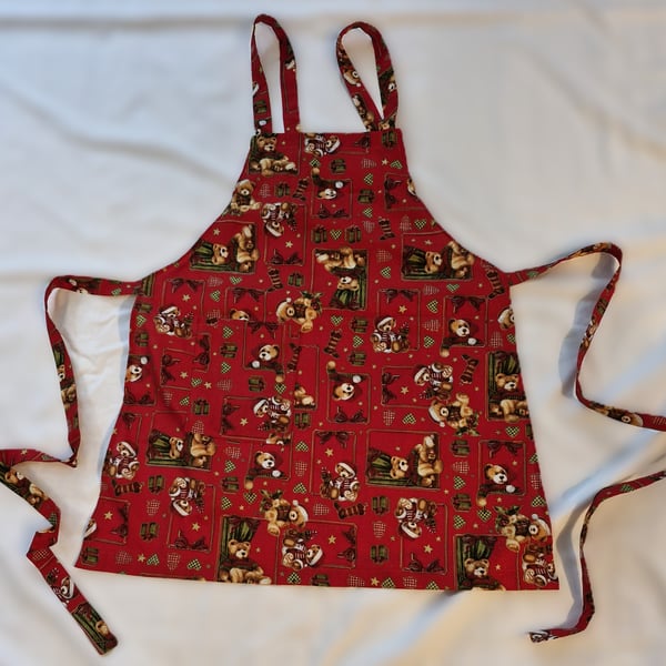 Cute Red Christmas teddy apron with matching pocket.