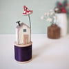 Little House on a Vintage Wood Bobbin with Clay Toadstool