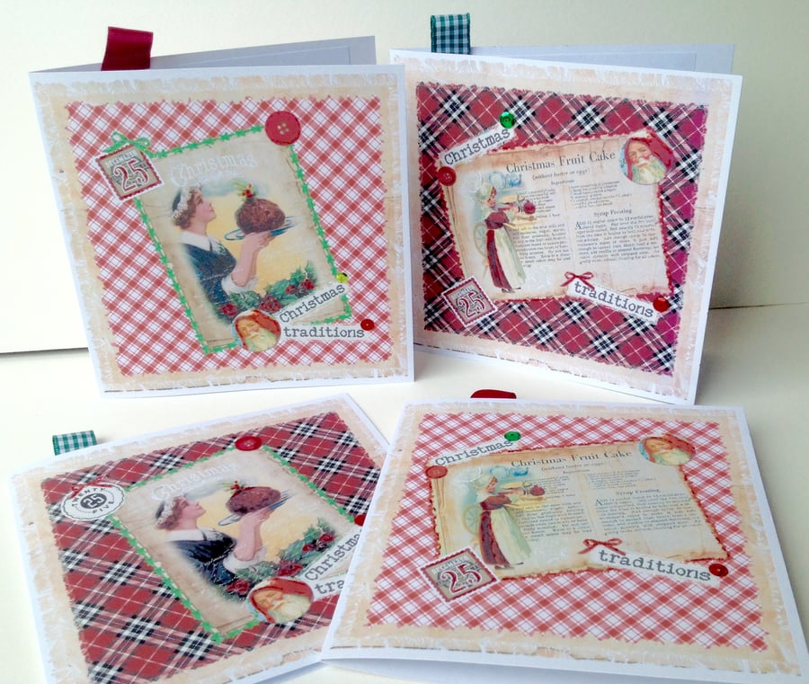 Christmas Cards,Pack of Four, 'Christmas Traditions',Handmade,Personalised