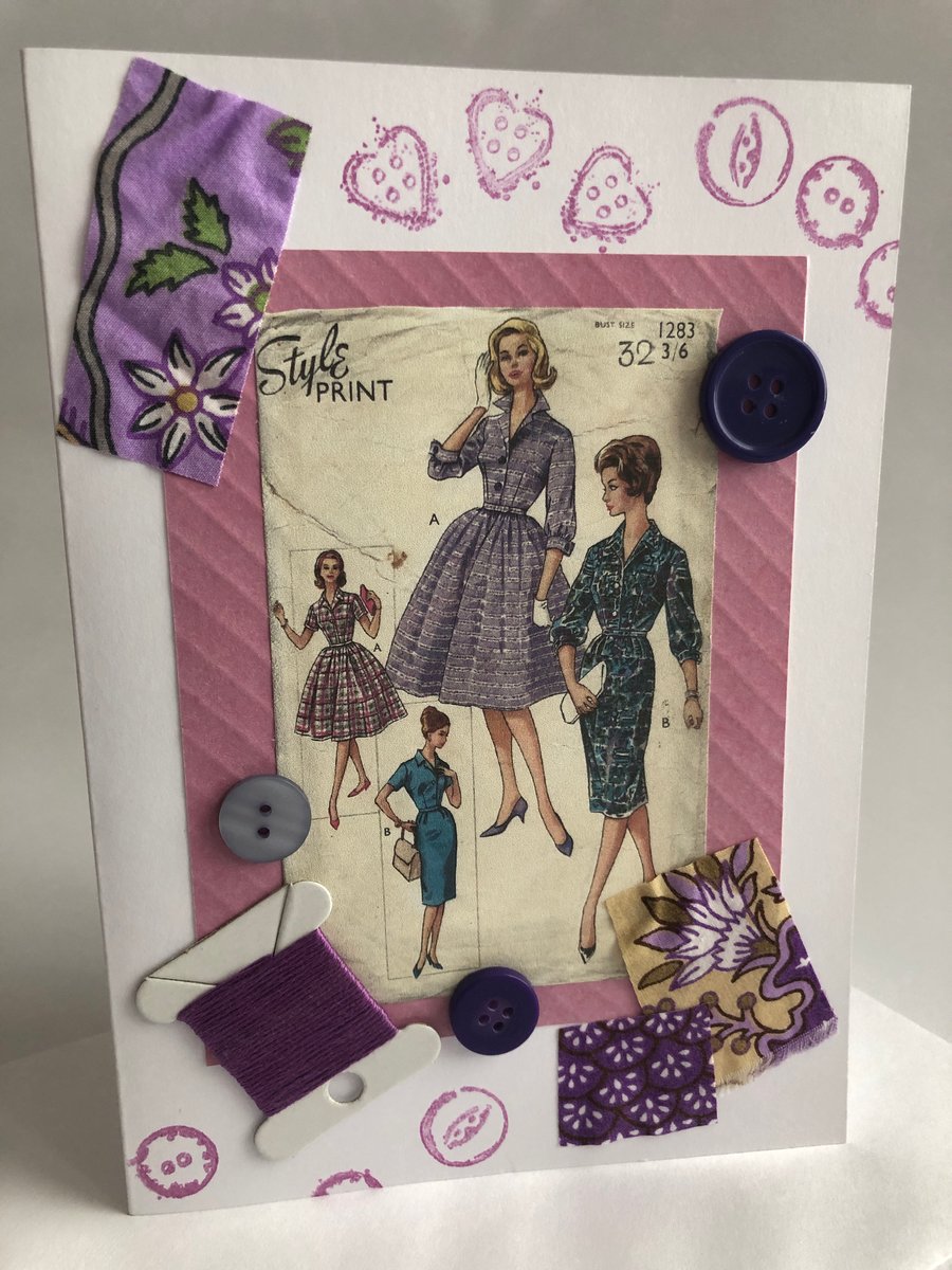1950s Flared and Wriggle Dress Sewing Pattern Embellished Blank Birthday Card